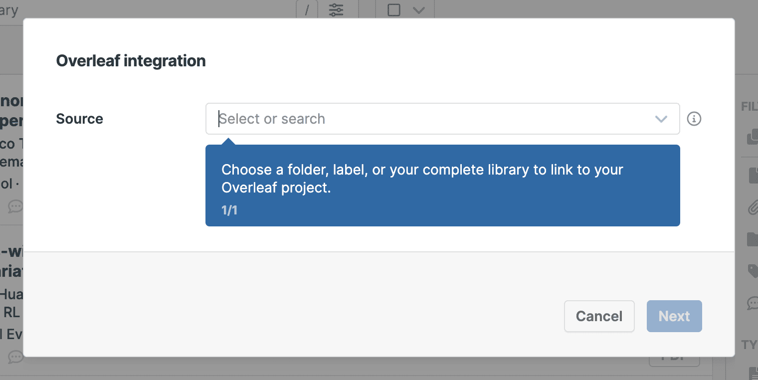 The Overleaf integration wizard with an empty Source selector and a blue tip reading “Choose a folder, label, or your complete library to link to your Overleaf project.”